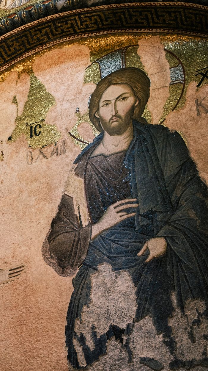 Detailed view of an ancient Byzantine mosaic depicting Jesus Christ with vibrant colors and intricate design.